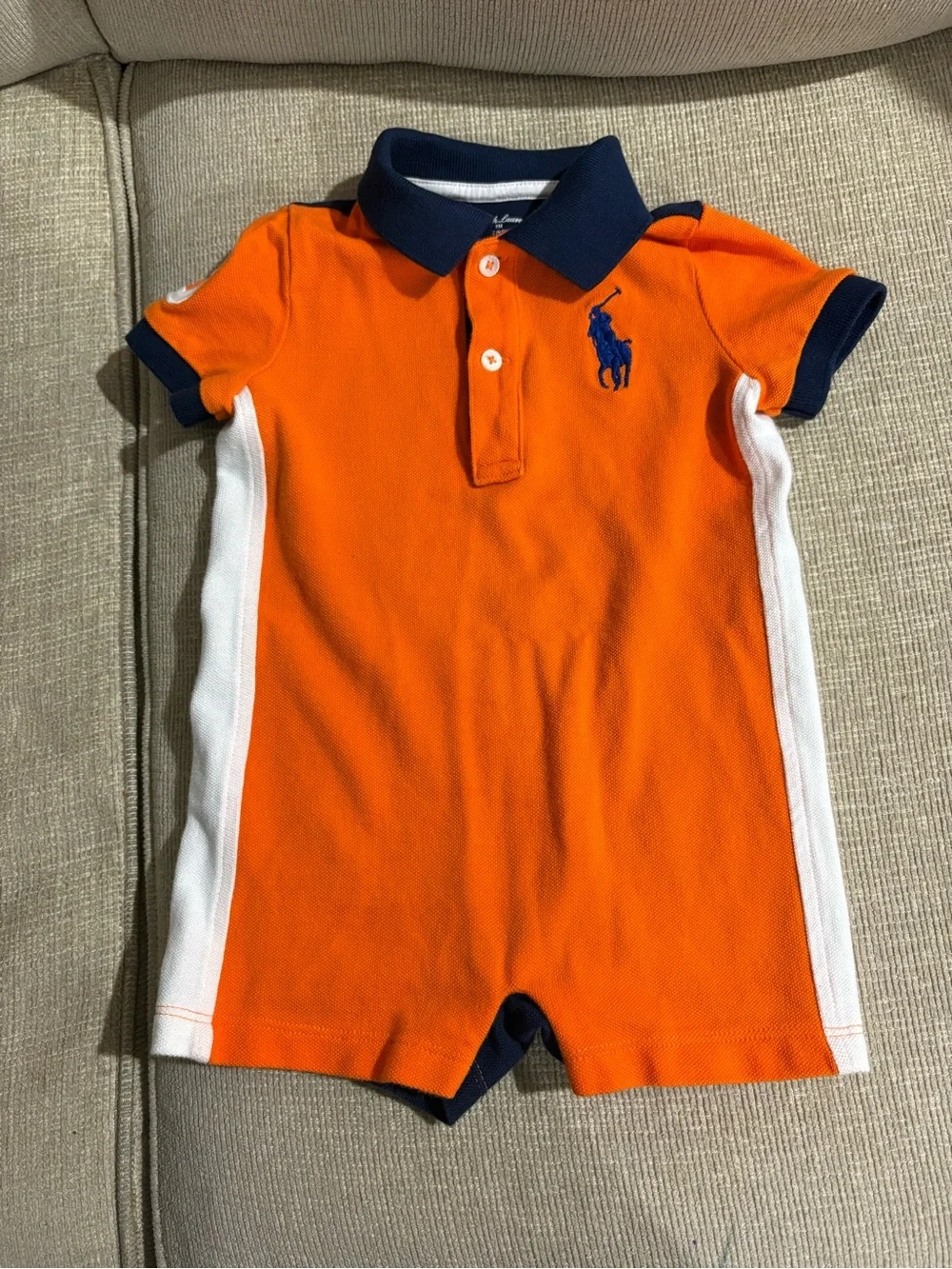 Polo Ralph Lauren baby boy orange/navy blue polo romper one piece 9 months
